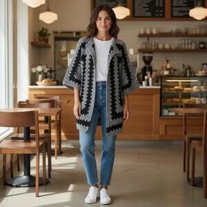 Handmade Granny Hexagon Crochet Cardigan Sweater - L